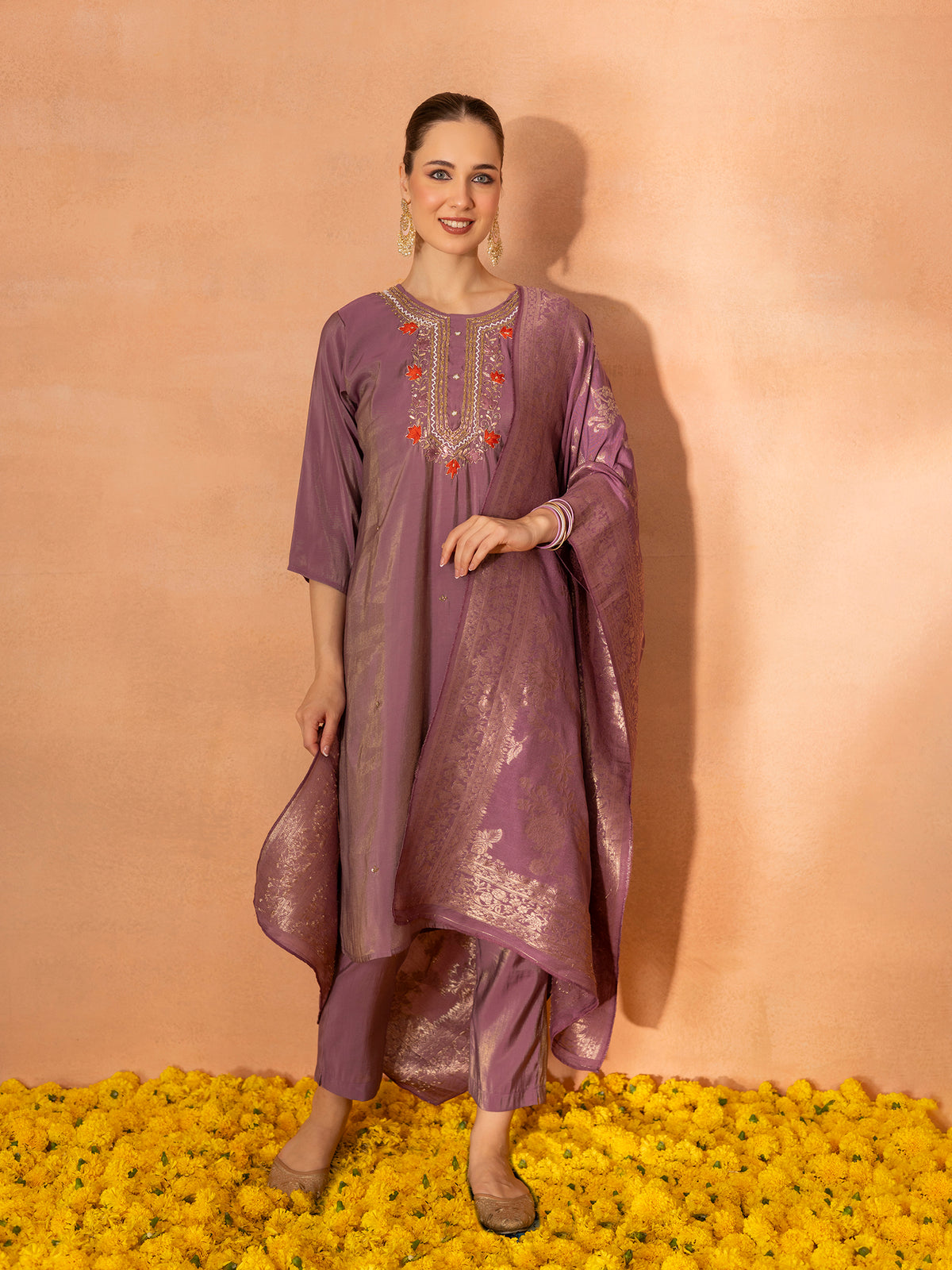 TITTLI Women Handwork Embroidered U-Neck Roman Shimmer Silk Kurta Set with Jacquard Banarasi Print Dupatta (Purple)
