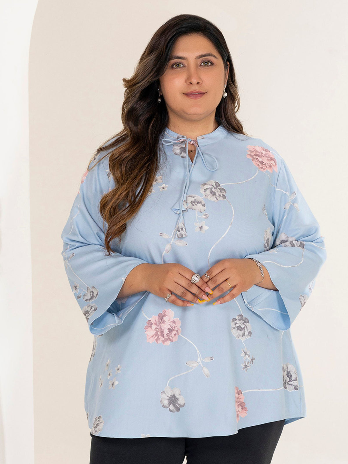 TITTLI Women Plus Size Floral Printed Short Kurti with Round Neck Collar Keyhole Tie-Up & Full Sleeves(Sky blue)