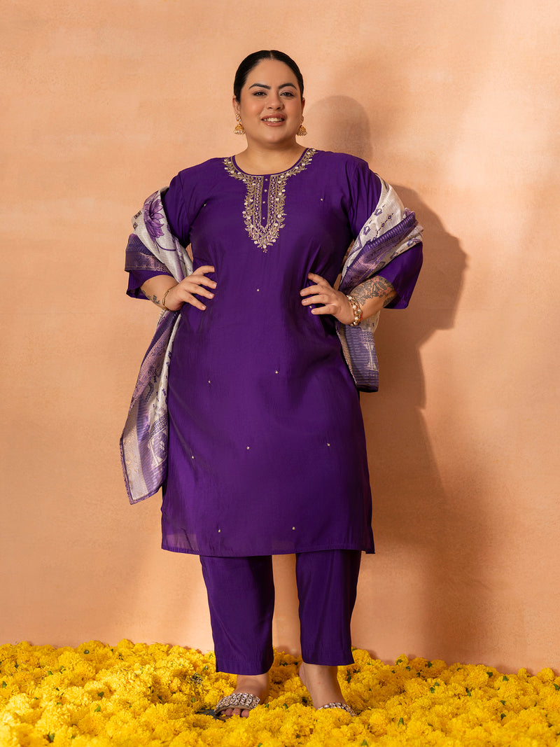 TITTLI Plus Size Women Handwork Embroidered U-Neck Roman Shimmer Silk Kurta Set with Jacquard Digital Print Dupatta
