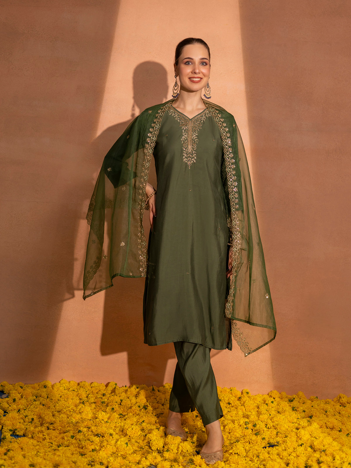 TITTLI Women Handwork Embroidered V-Neck Roman Silk Kurta Set with Georgette Cutwork Dupatta (Olive)