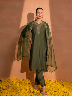 TITTLI Women Handwork Embroidered V-Neck Roman Silk Kurta Set with Georgette Cutwork Dupatta (Olive)