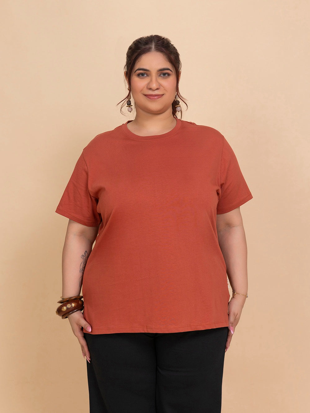 TITTLI Plus Size Pure Cotton Rust Round Neck T-Shirt For Womens
