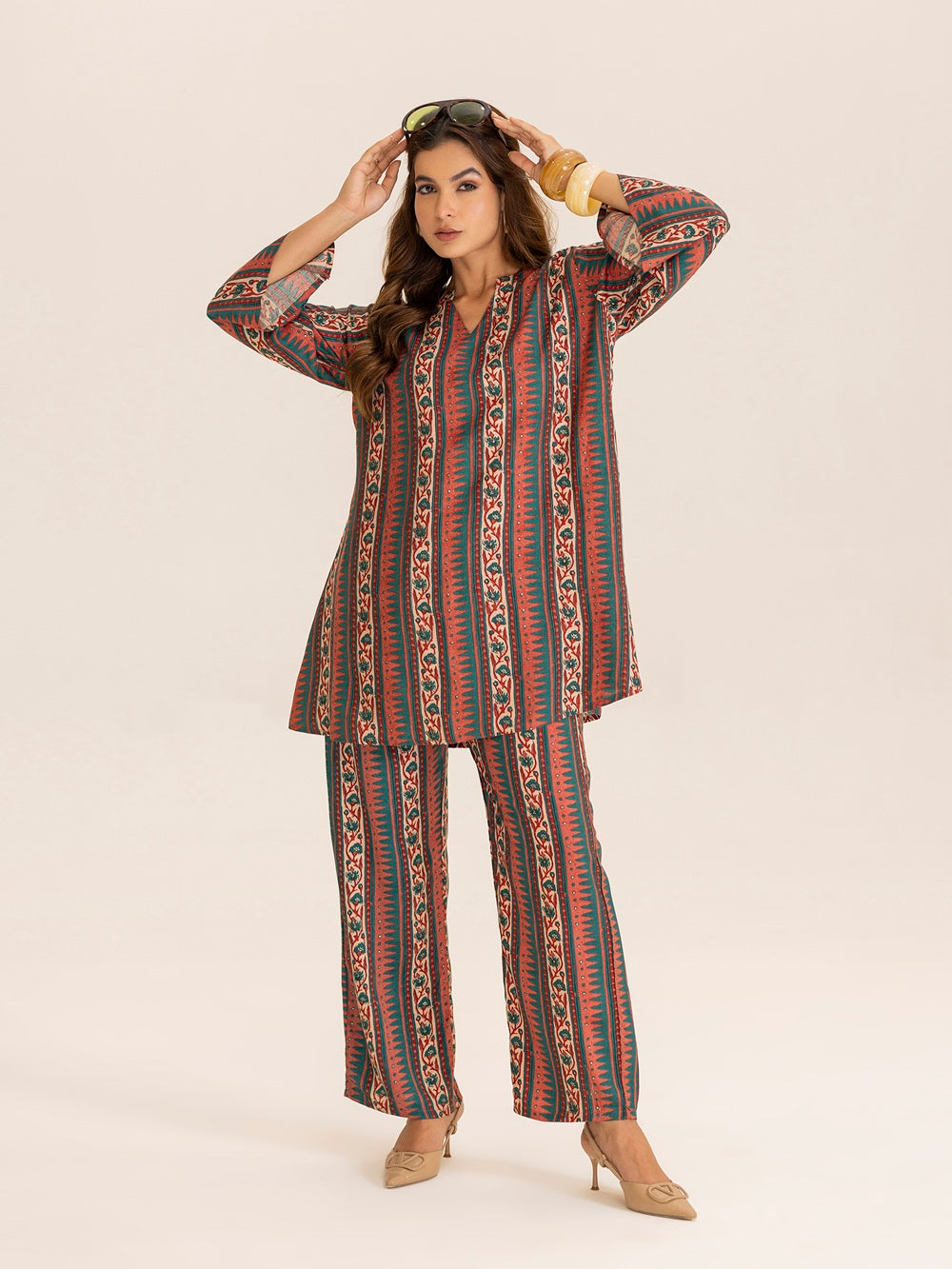 TITTLI Women All Over Printed Tunic and Trouser Co Ord Set (Rust)