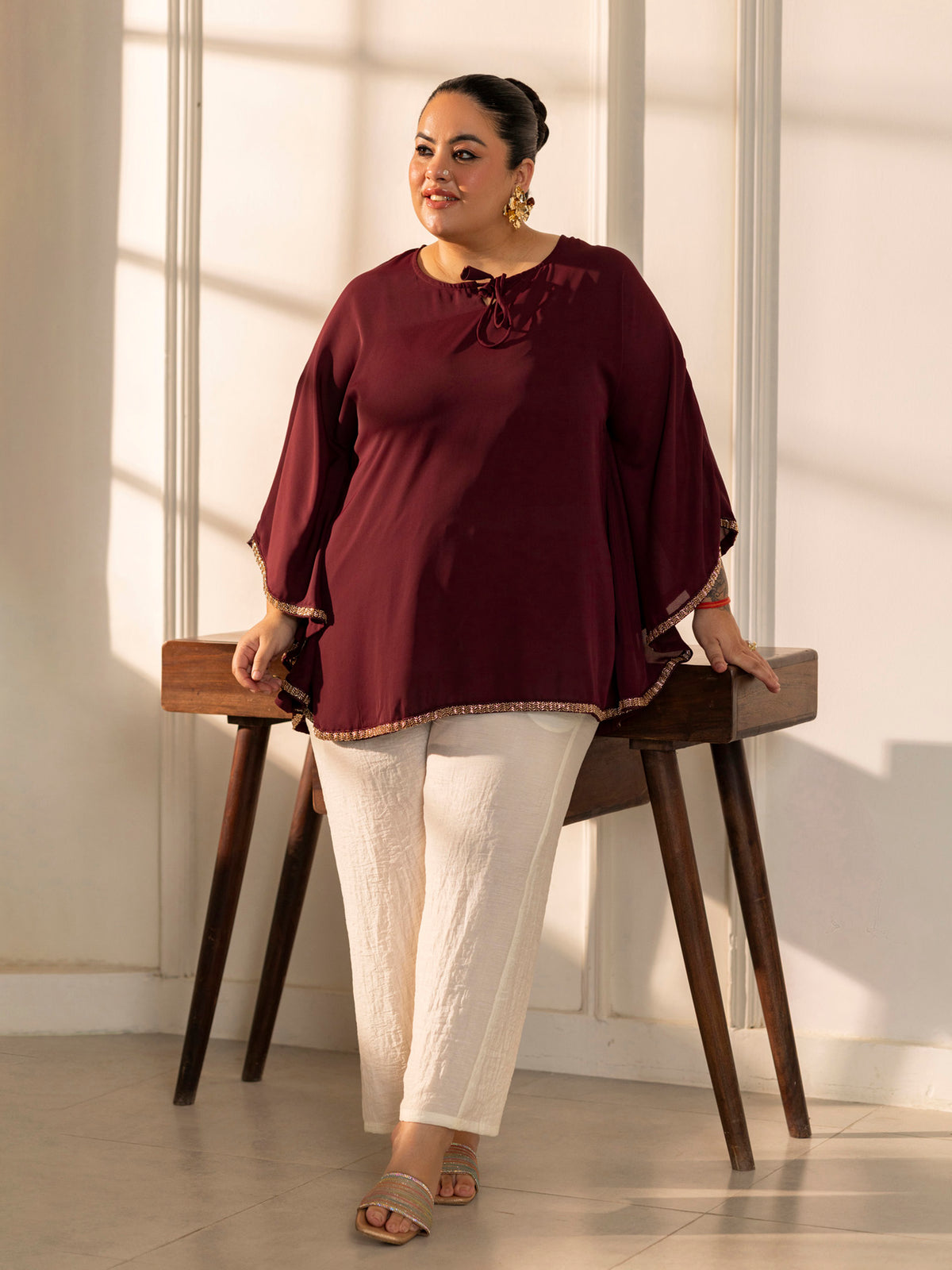 TITTLI Women Plus Size Georgette Solid Kaftan Style Short Top(D.Wine)