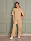 TITTLI Women Pure Cotton Solid T-Shirt And Trouser Co-Ord Set (Beige)
