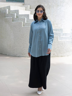 TITTLI Women Solid Satin Stretch Relaxed Fit Shirt(Sky)