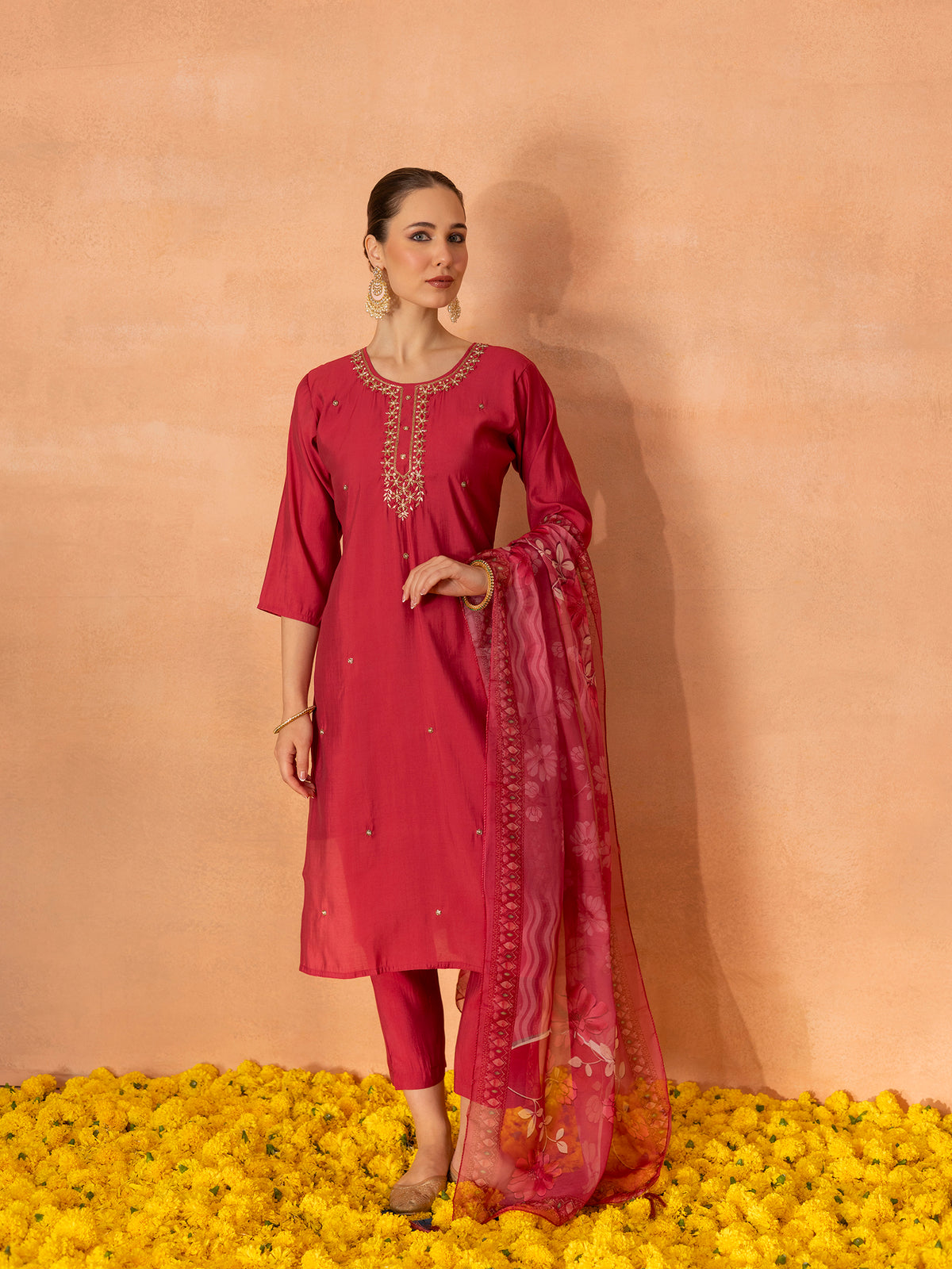 TITTLI Women Handwork Embroidered U-Neck Roman Silk Kurta Set with Digital Print Dupatta(Rose Pink)