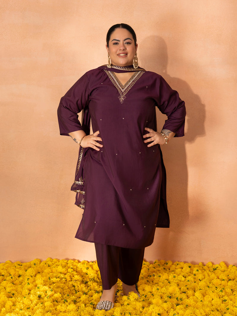 TITTLI Plus Size Women Handwork Embroidered V-Neck Roman Silk Kurta Set with Georgette Cutwork Dupatta (Wine)