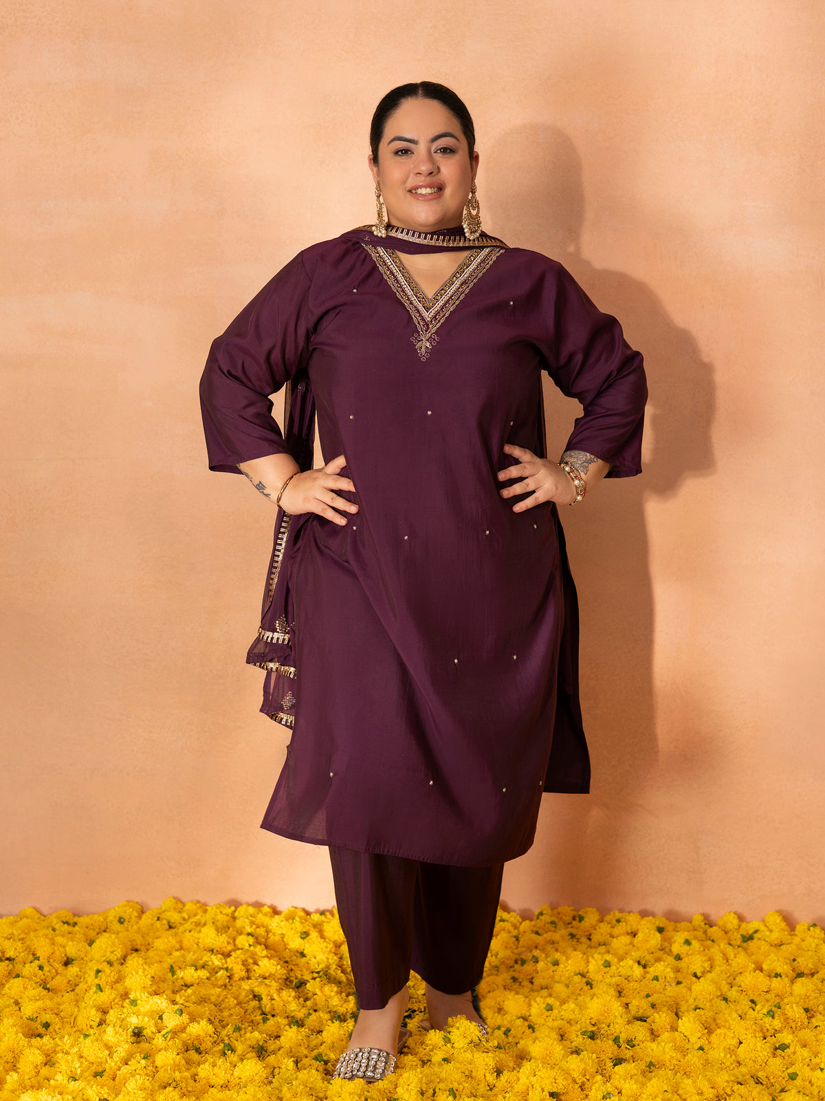 TITTLI Plus Size Women Handwork Embroidered V-Neck Roman Silk Kurta Set with Georgette Cutwork Dupatta (Wine)