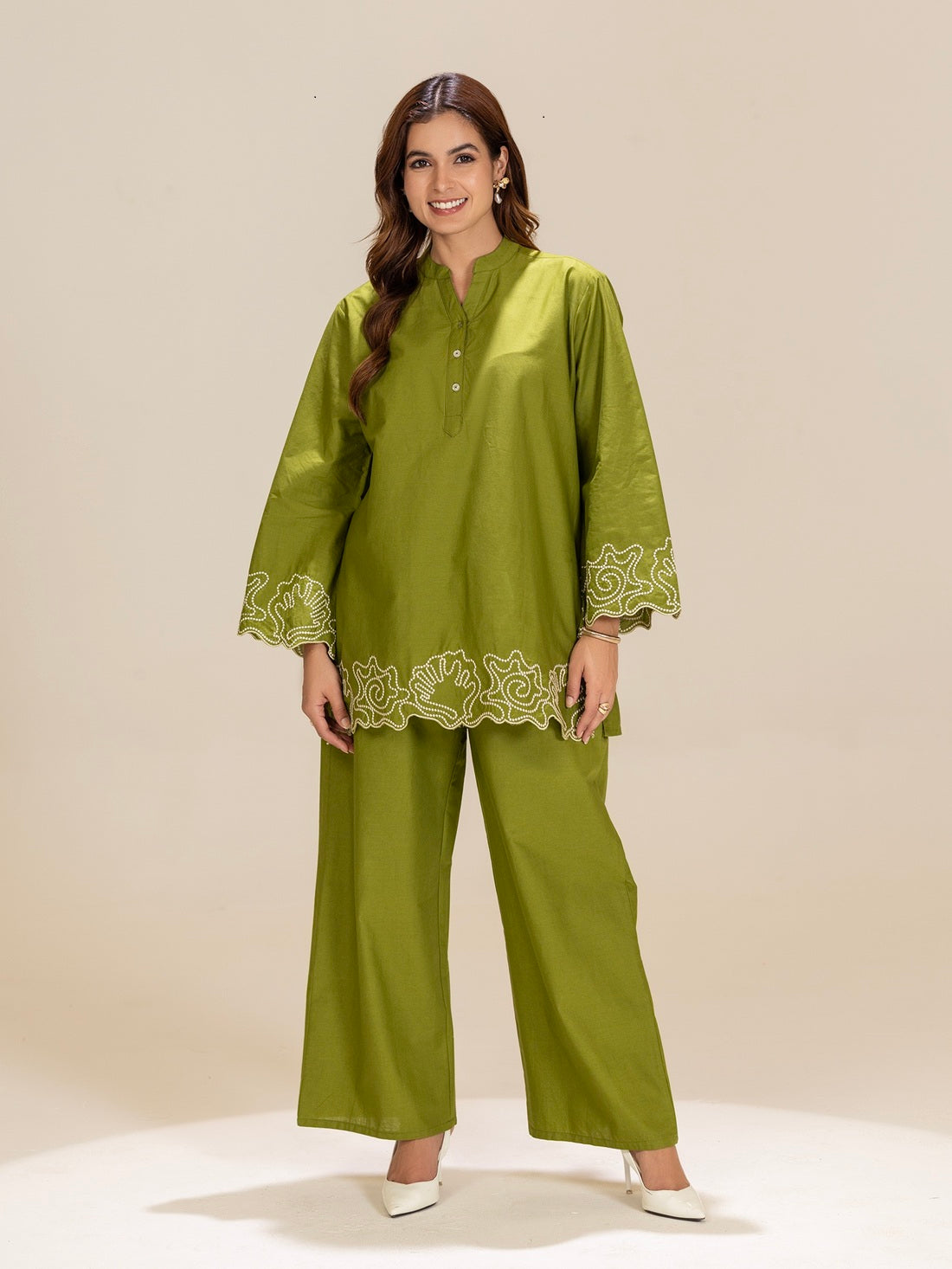 TITTLI Mehndi Green Colour Embroidered Tunic & Trouser Co-Ord Set For Women