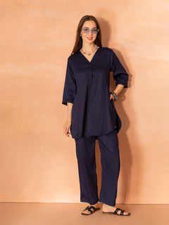 TITTLI Women Cotton Silk V-Neck Tunic & Trousers Co-Ord Set (Navy Blue)