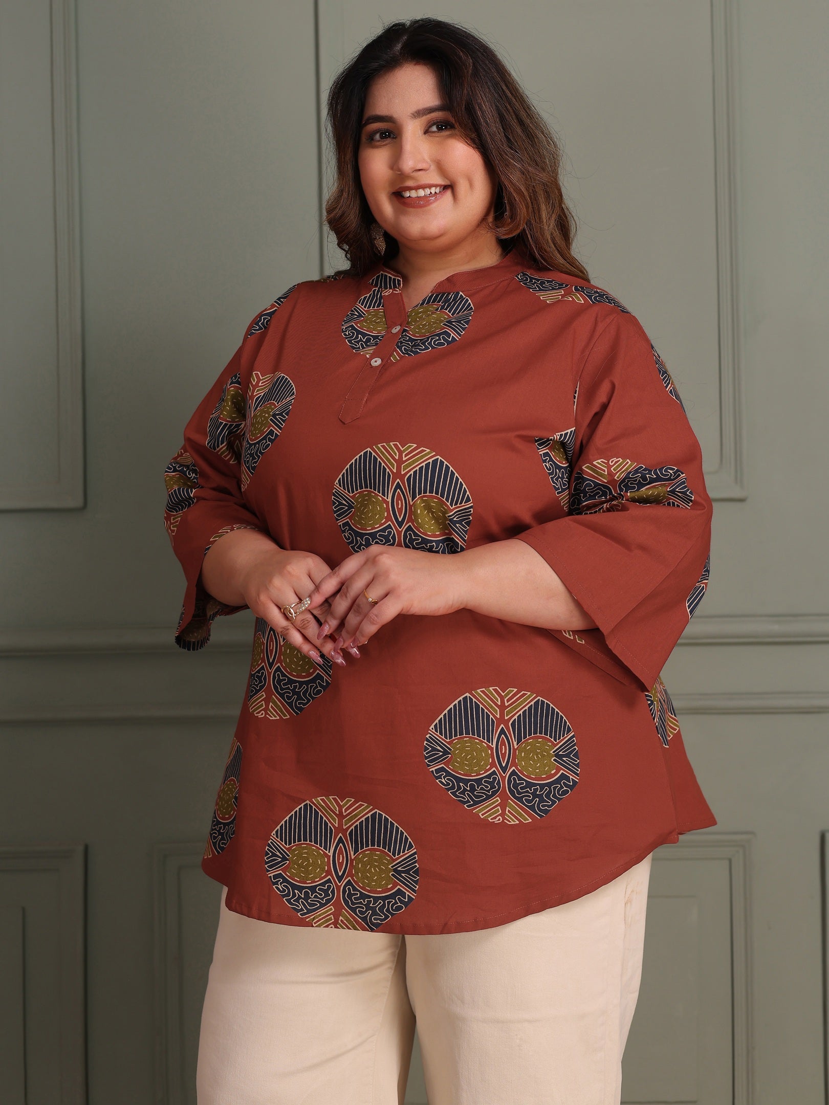 TITTLI Women Plus Size Printed Pure Cotton Mandarin Collar Casual Kurti (Rust)