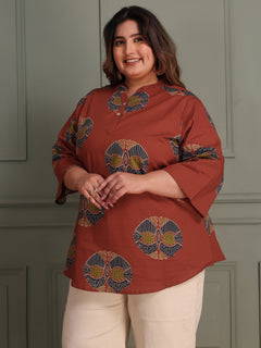 TITTLI Women Plus Size Printed Pure Cotton Mandarin Collar Casual Kurti (Rust)