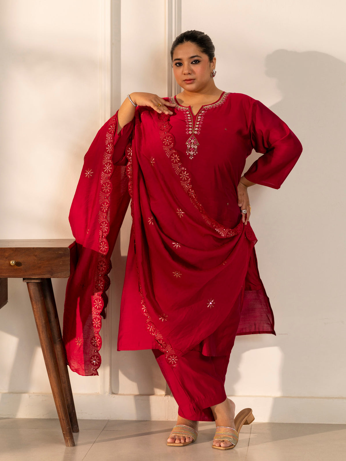 TITTLI Plus Size Women Handwork Embroidered Round Neck with V Roman Silk Kurta Set with Cut-Work Dupatta (C. Red)