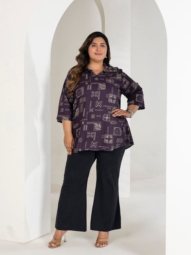 TITTLI Plus Size Women Printed Collared V-Neck Pure Cotton Kurti (Wine)