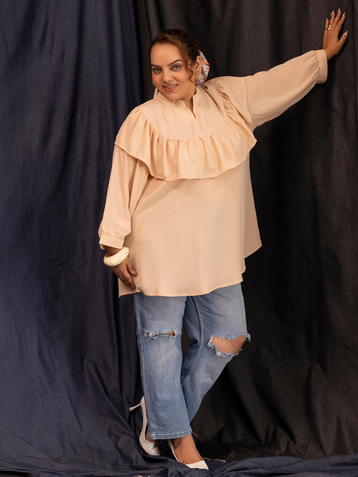 TITTLI Women Plus Size Georgette Solid Short Top (Skin)