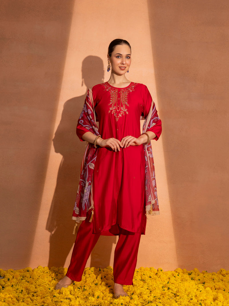 TITTLI Women Handwork Embroidered U-Neck Roman Silk Kurta Set with Georgette Cutwork Dupatta (C.Red)