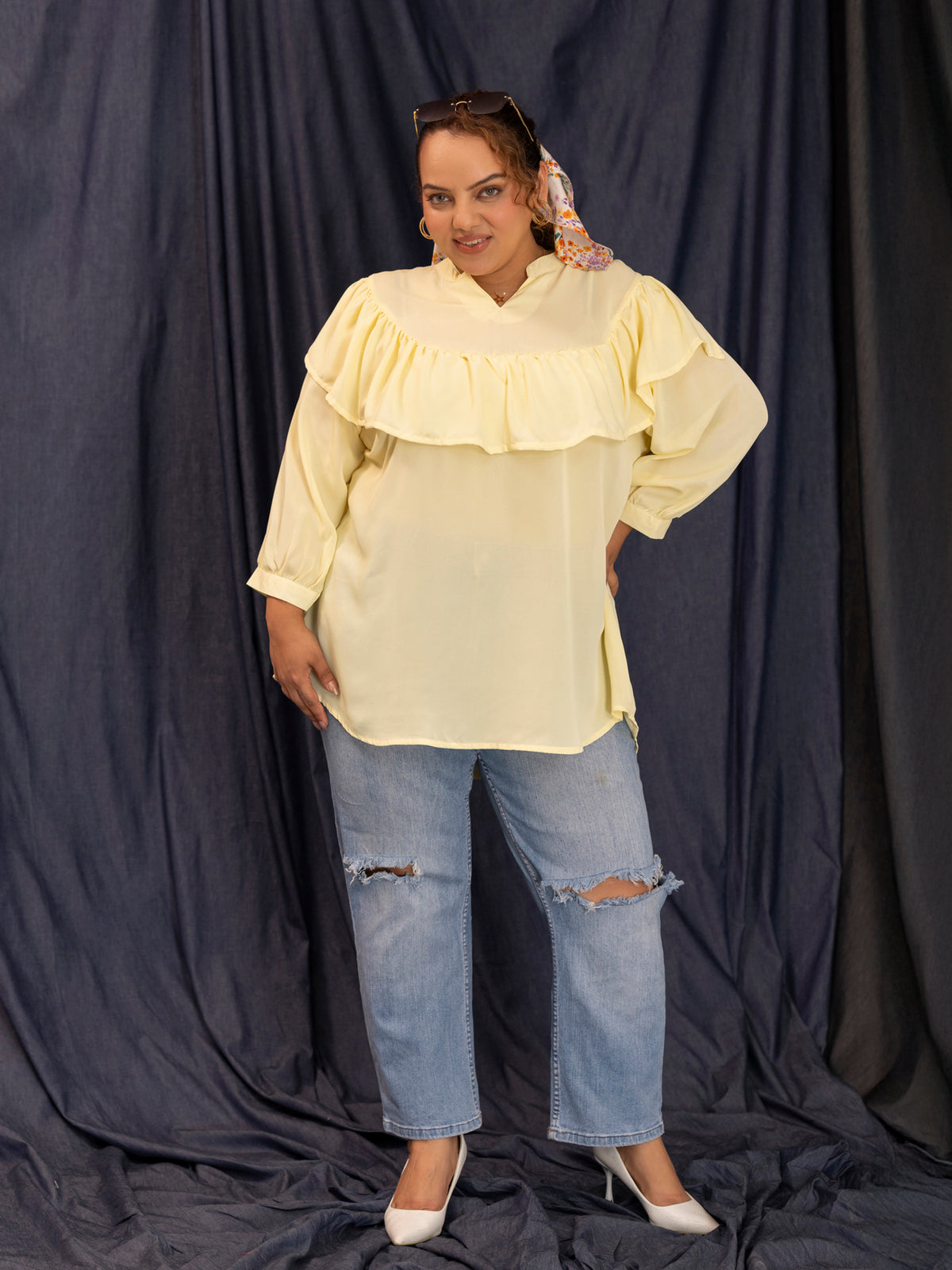 TITTLI Women Plus Size Georgette Solid Short Top (Lemon)