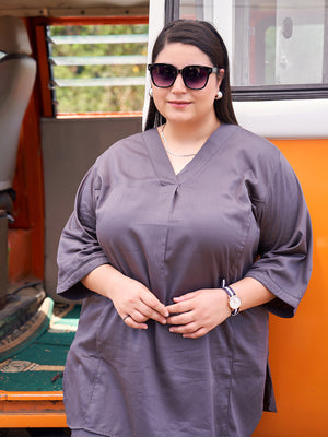 TITTLI Women Cotton Silk V-Neck Tunic & Trousers Plus Size Co-Ord Set (Dark Grey)
