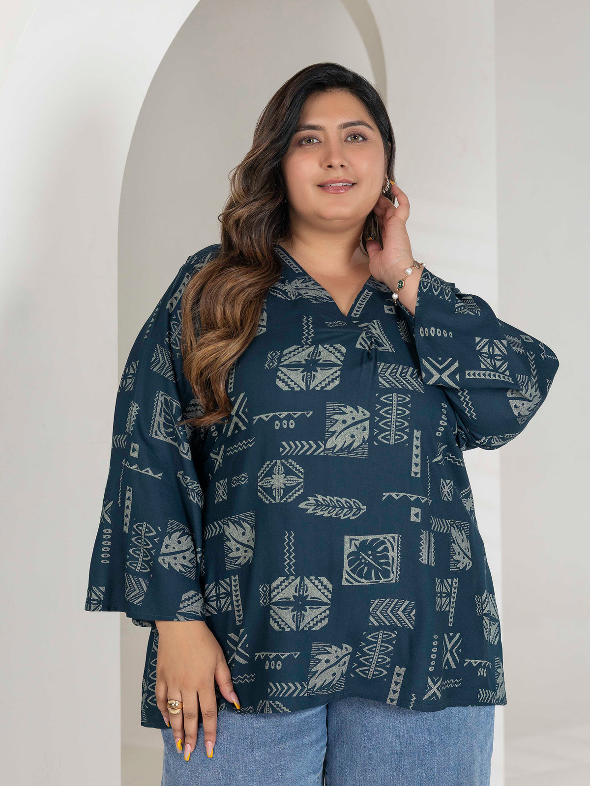 TITTLI Women Plus Size Geometric Print Viscose Rayon Short Kurti (Airforce)