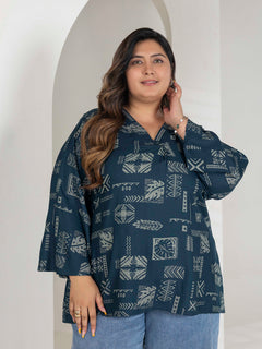 TITTLI Women Plus Size Geometric Print Viscose Rayon Short Kurti (Airforce)