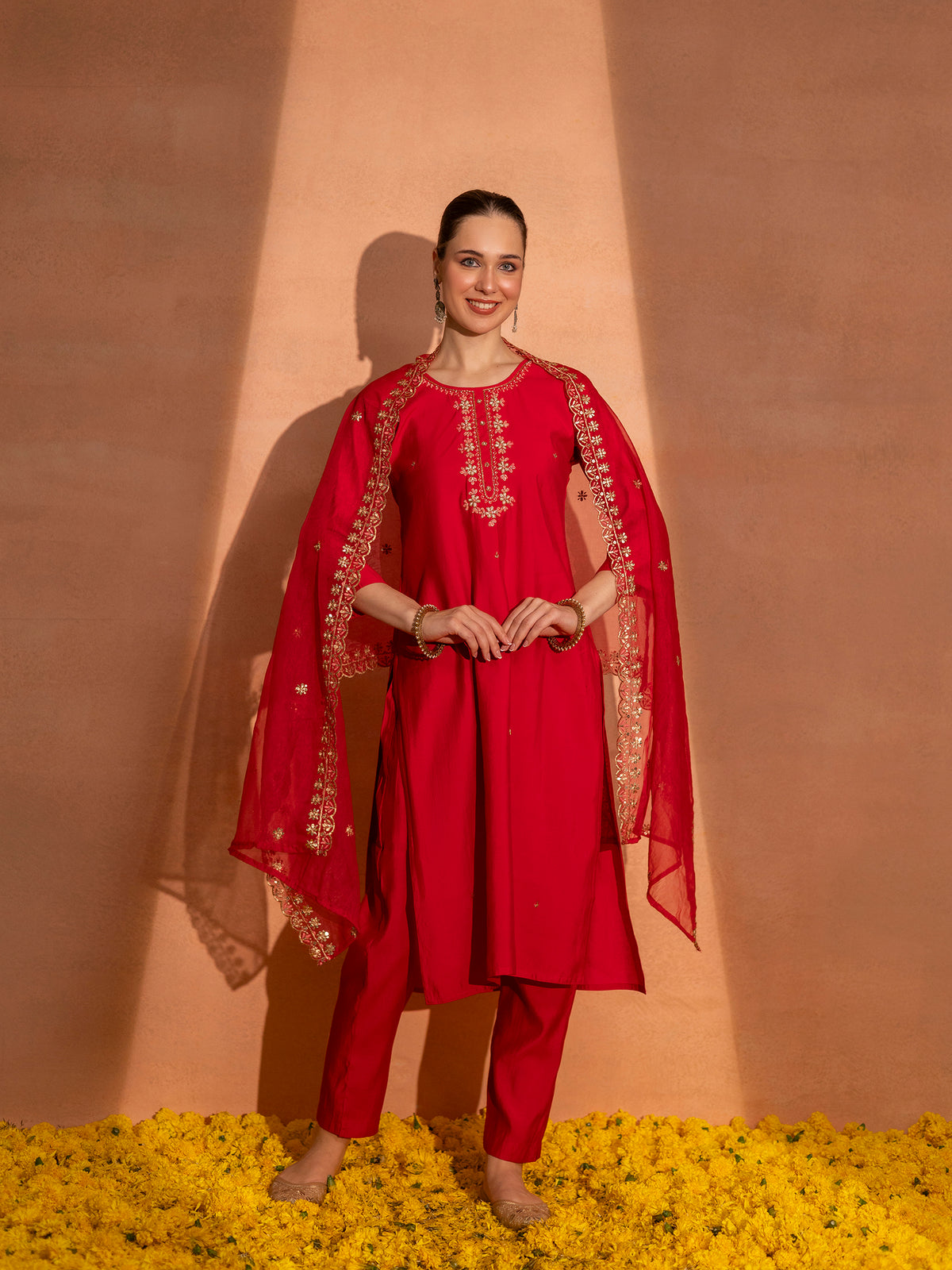 TITTLI Women Handwork Embroidered U-Neck Roman Silk Kurta Set with Georgette Cutwork Dupatta (Red)