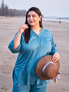 TITTLI Women Cotton Silk V-Neck Tunic & Trousers Plus Size Co-Ord Set (Rama Blue)