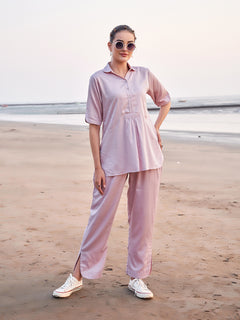 Frail Designed & Collared Tunic And Palazzo Style Trousers Co-Ord Set (Pink)