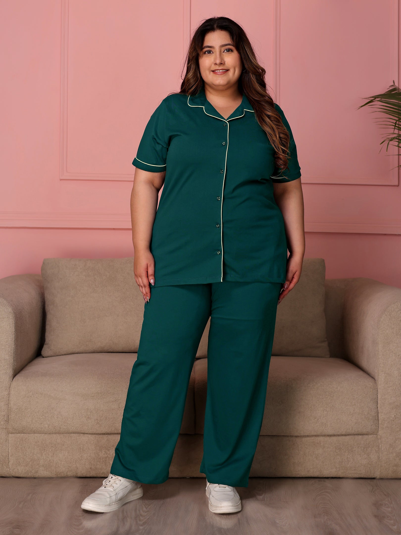 TITTLI Women Pure Cotton Shirt and Pyjama Nightsuit (Airforce)