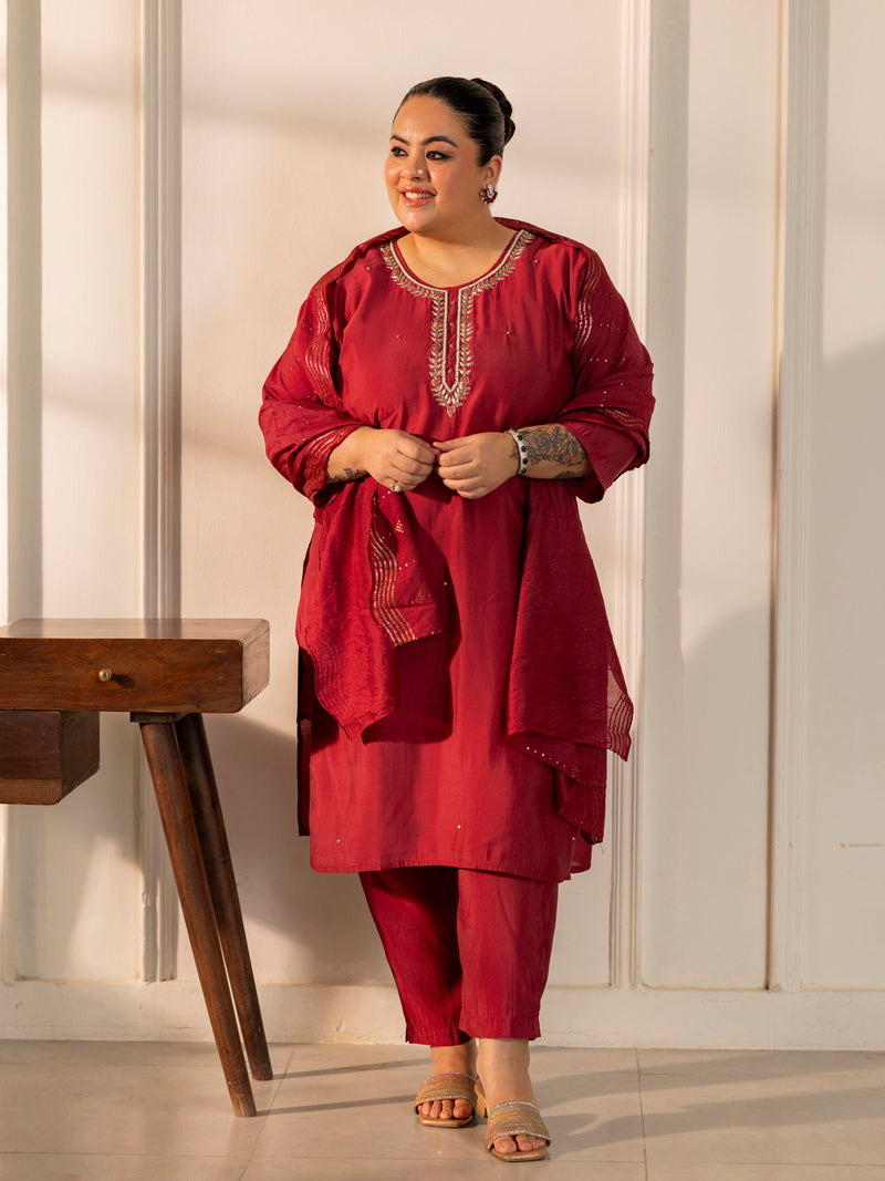 TITTLI Plus Size Women Handwork Embroidered U-Neck Roman Silk Kurta Set with Rayon Sequin Work Dupatta (Gajjar)