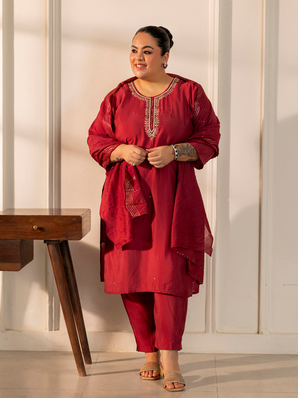 TITTLI Plus Size Women Handwork Embroidered U-Neck Roman Silk Kurta Set with Rayon Sequin Work Dupatta (Gajjar)