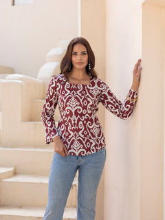 Ikat Printed Square Neck Short Kurti (Maroon)
