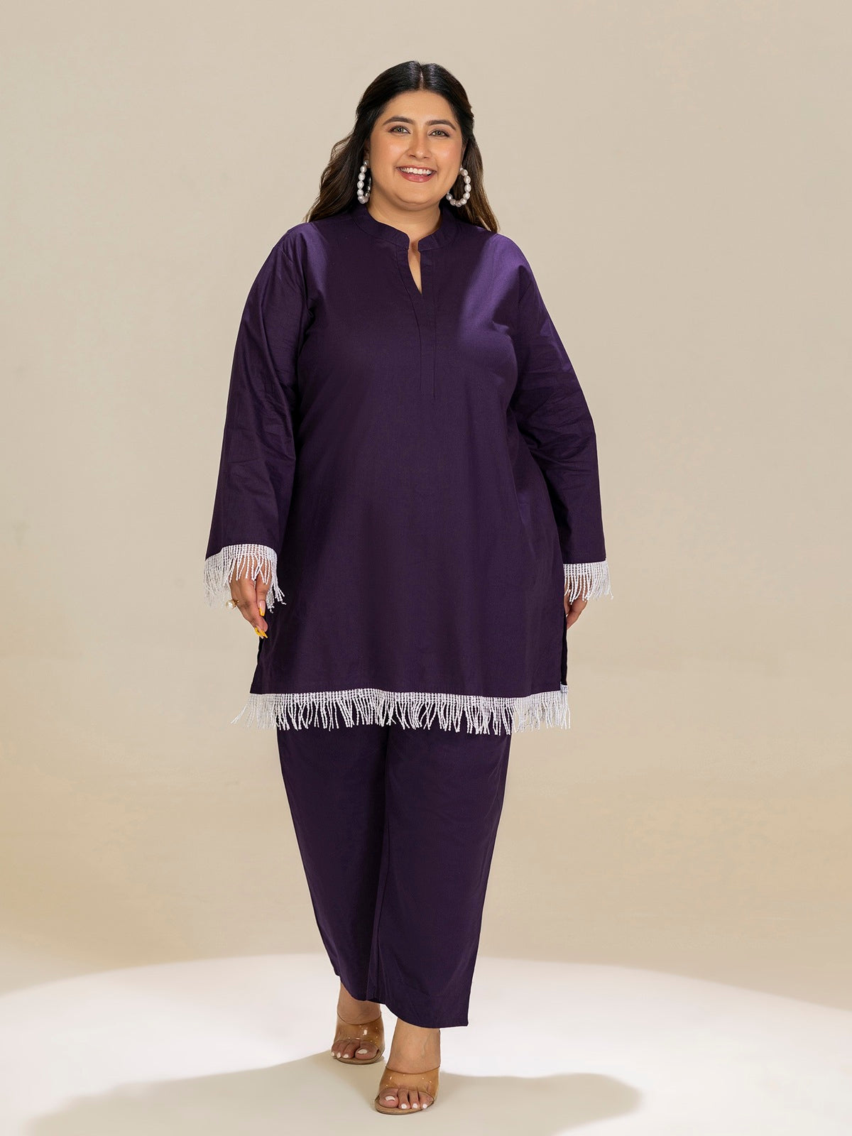 TITTLI Plus Size Violet Colour Pure Cotton Mandarin Collared V-Neck Lace Detailing Tunic & Trouser Co-Ord Set