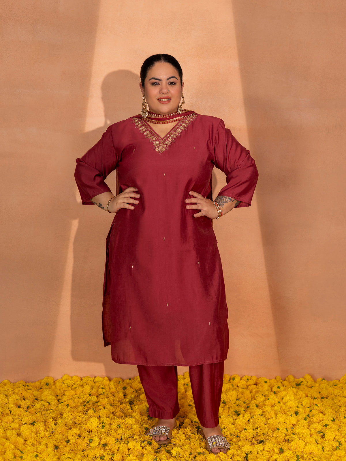 TITTLI Plus Size Women Handwork Embroidered V-Neck Roman Silk Kurta Set with Georgette Cutwork Dupatta (C. Red)