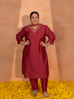 TITTLI Plus Size Women Handwork Embroidered V-Neck Roman Silk Kurta Set with Georgette Cutwork Dupatta (C. Red)