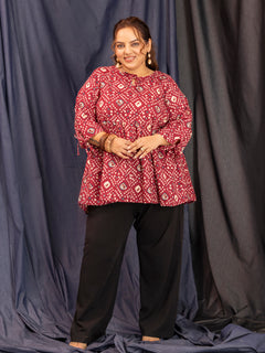 TITTLI Women Plus Size Cotton Abstract Print Round Neck Frilled Dori Sleeves Short Kurti (Rani)