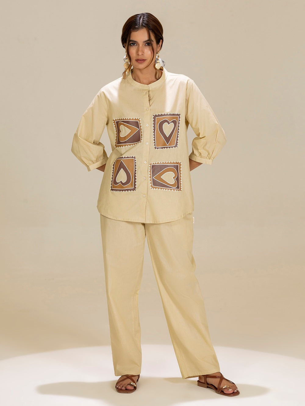 TITTLI Beige Colour Printed Relaxed Fit Pure Cotton Shirt And Trouser Co-Ord Set For Womens