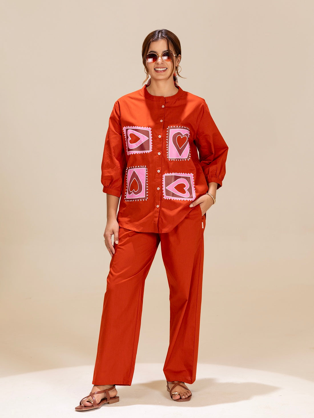 TITTLI Orange Colour Printed Relaxed Fit Pure Cotton Shirt And Trouser Co-Ord Set For Womens
