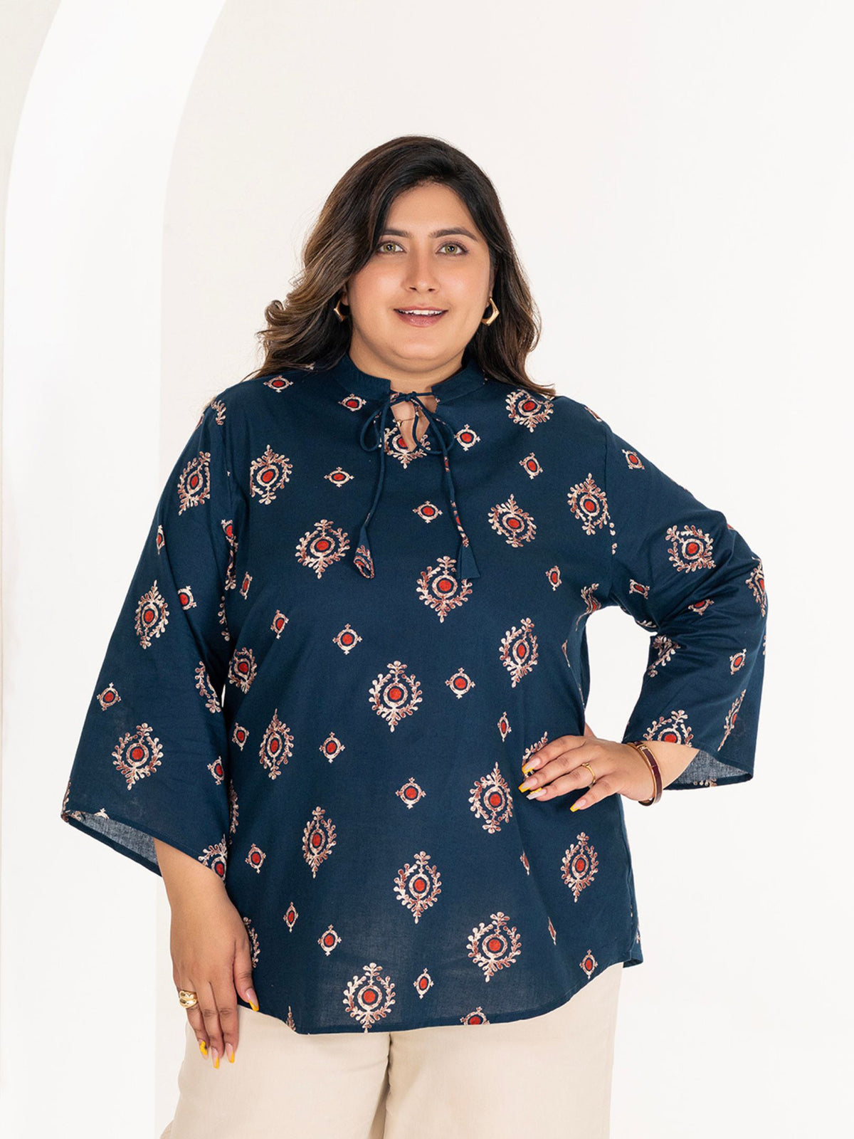 TITTLI Women Plus Size Ethnic Motif Printed Short Kurti with Mandarin Collar Keyhole Tie-Up & Three Quarter Sleeves(Airforce)