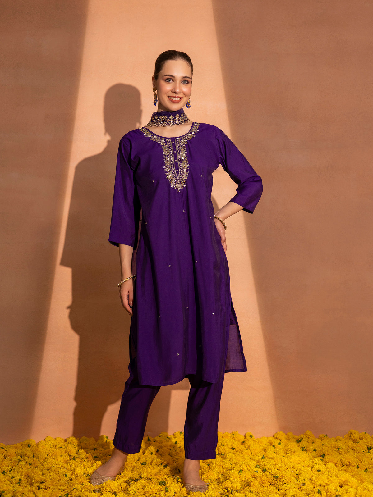 TITTLI Women Handwork Embroidered U Neck Roman Silk Kurta Set with Georgette Cutwork Dupatta (Violet)