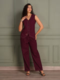 TITTLI Women Cotton Flex V-neck Waistcoat and Trouser Co Ord Set (Wine)