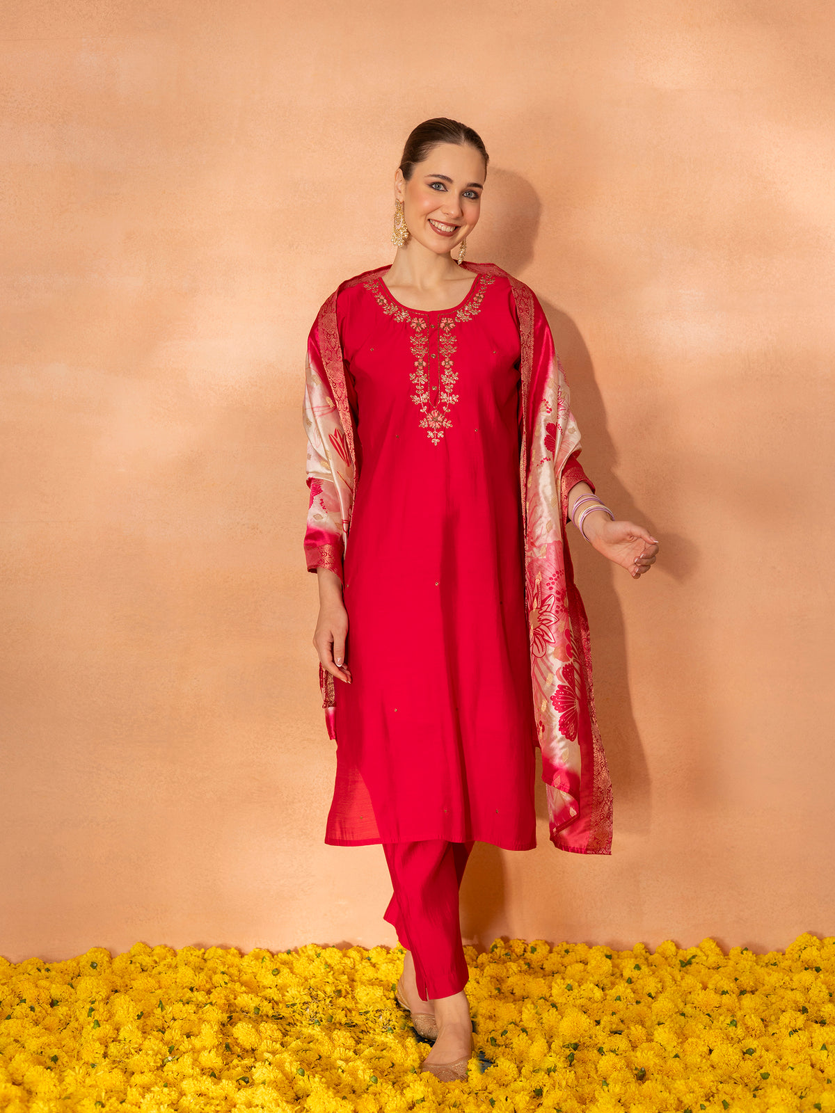 TITTLI Women Handwork Embroidered U-Neck Roman Silk Kurta Set with Jacquard Digital Print Dupatta (Red)