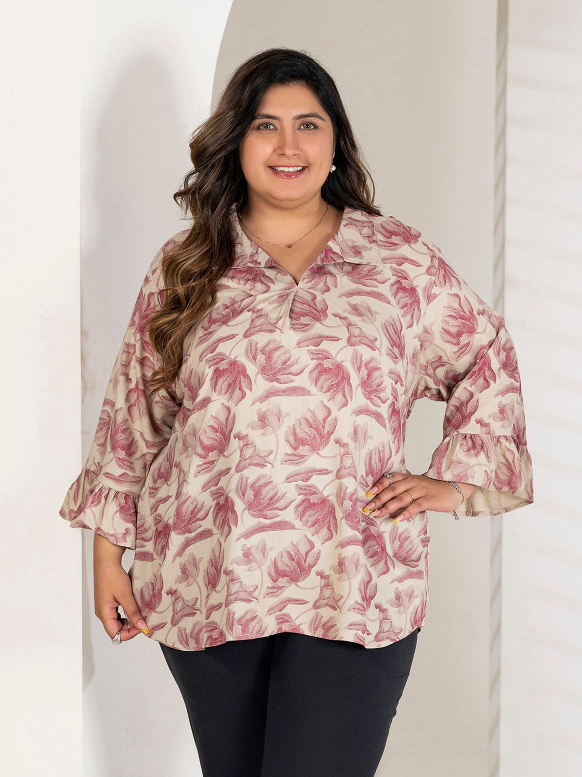 TITTLI Women Plus Size Floral Printed Short Kurti with V-Neck Collar & Three Quarter Bell Sleeves(Rani & Cream)