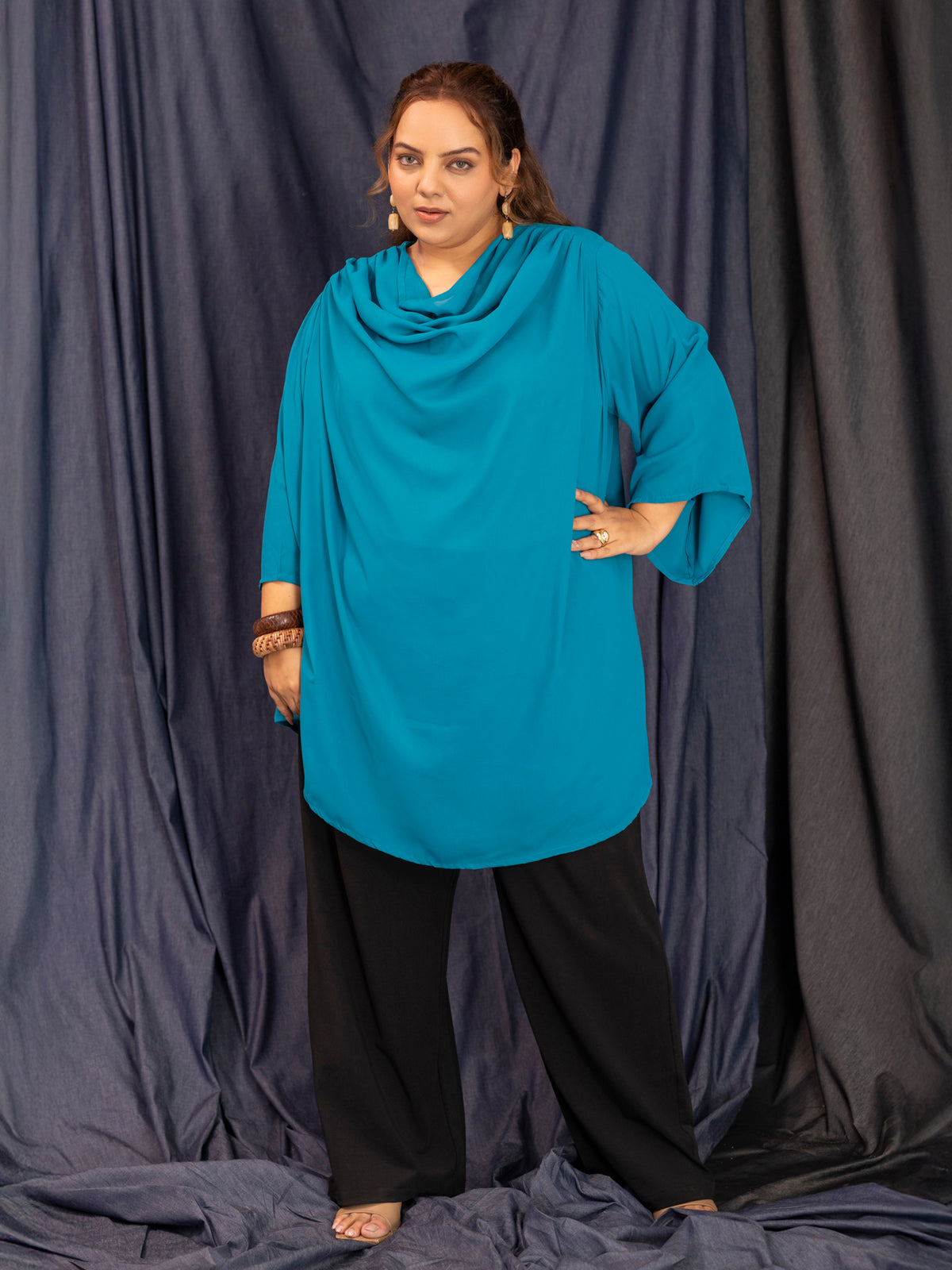 TITTLI Women Plus Size Georgette Solid Cowl Neck Short Top (Rama)