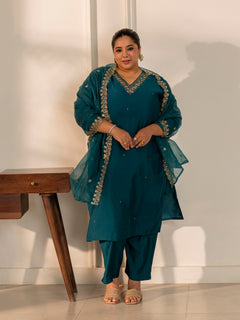TITTLI Plus Size Women Handwork Embroidered V-Neck Roman Silk Kurta Set with Georgette Cutwork Dupatta (Rama)