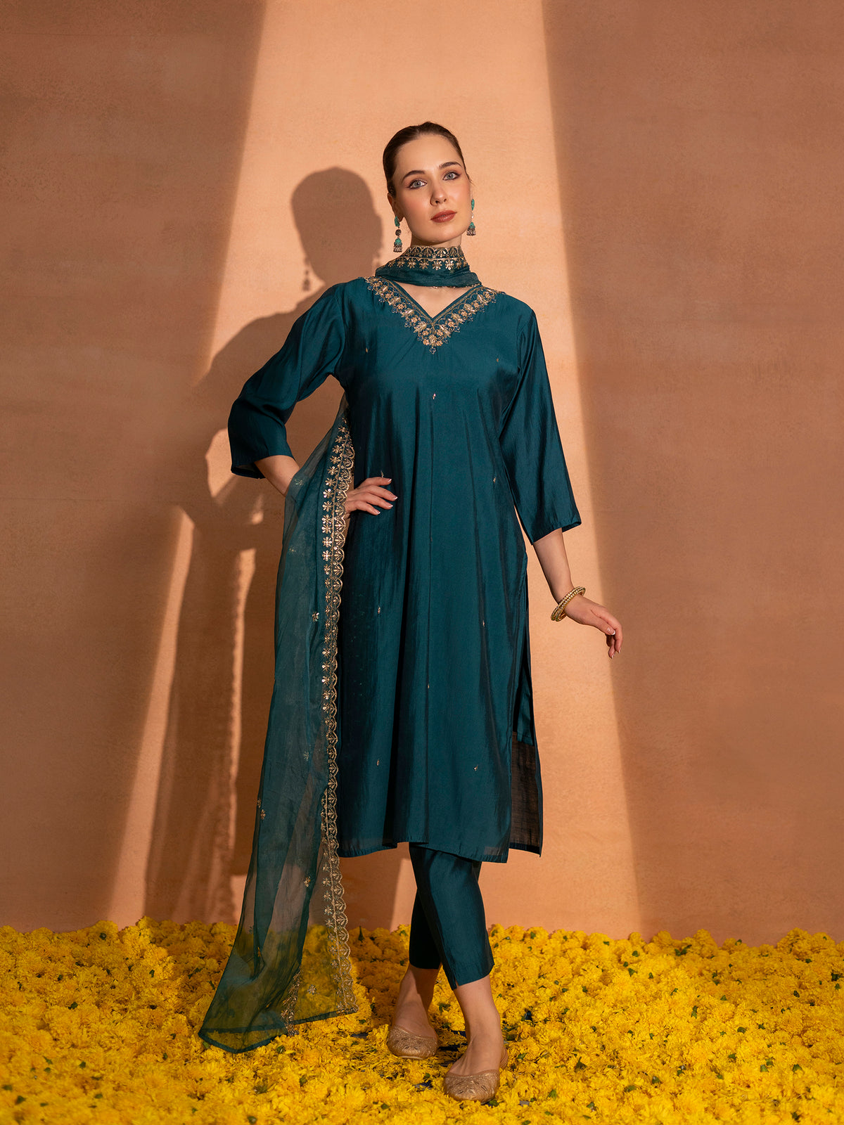 TITTLI Women Handwork Embroidered V-Neck Roman Silk Kurta Set with Georgette Cutwork Dupatta (Rama)