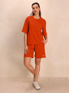 Pure Cotton Solid T-Shirt and Shorts Co-Ord Set (Orange)