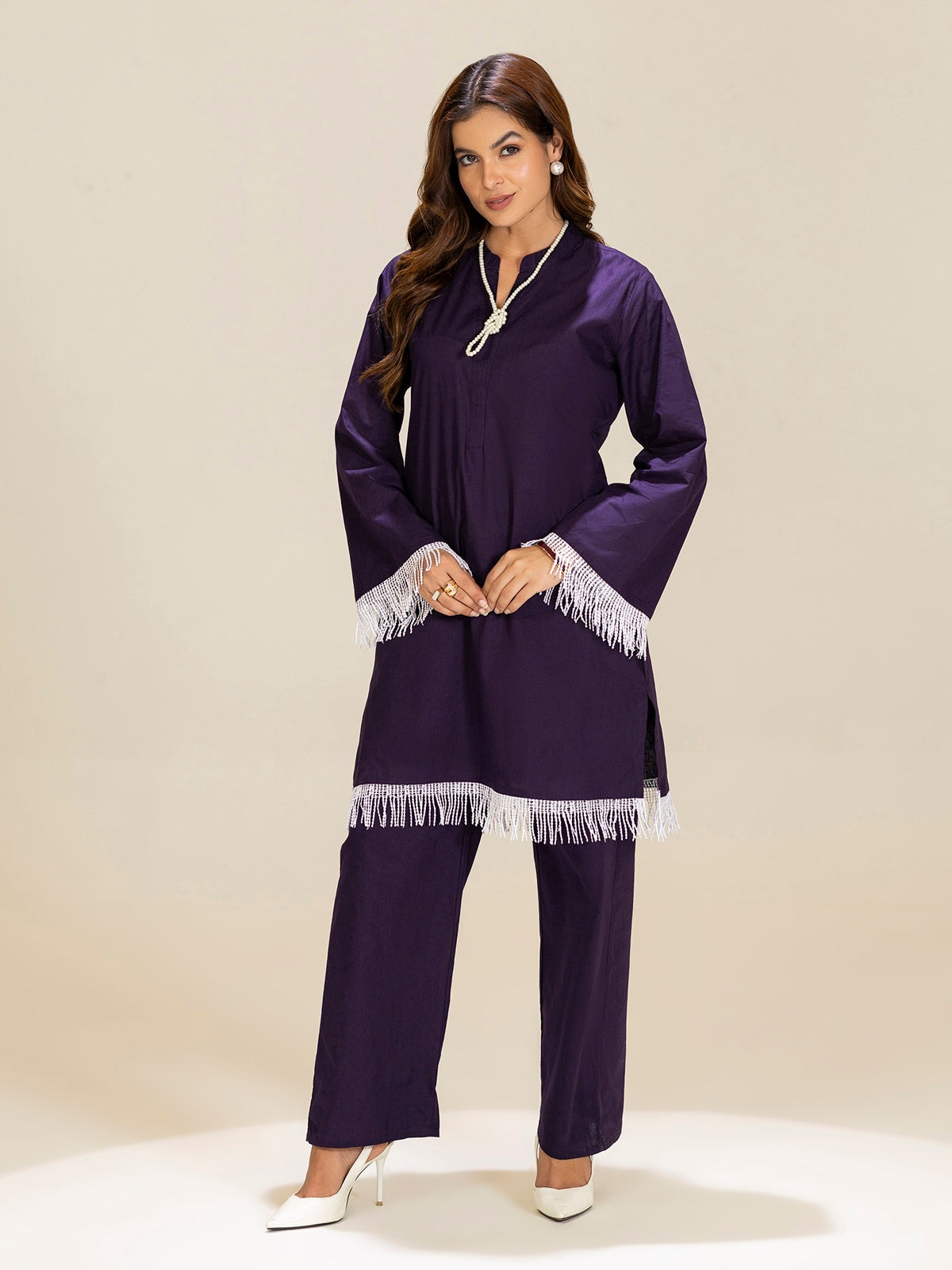 TITTLI Violet Colour Pure Cotton Mandarin Collared V-Neck Lace Detailing Tunic & Trouser Co-Ord Set