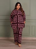 TITTLI Women All Over Printed Viscose Rayon Tunic And Trouser Co-Ord Set (Dark Wine)