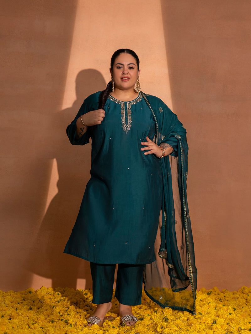 TITTLI Plus Size Women Handwork Embroidered U-Neck Roman Silk Kurta Set with Georgette Cutwork Dupatta(Rama)